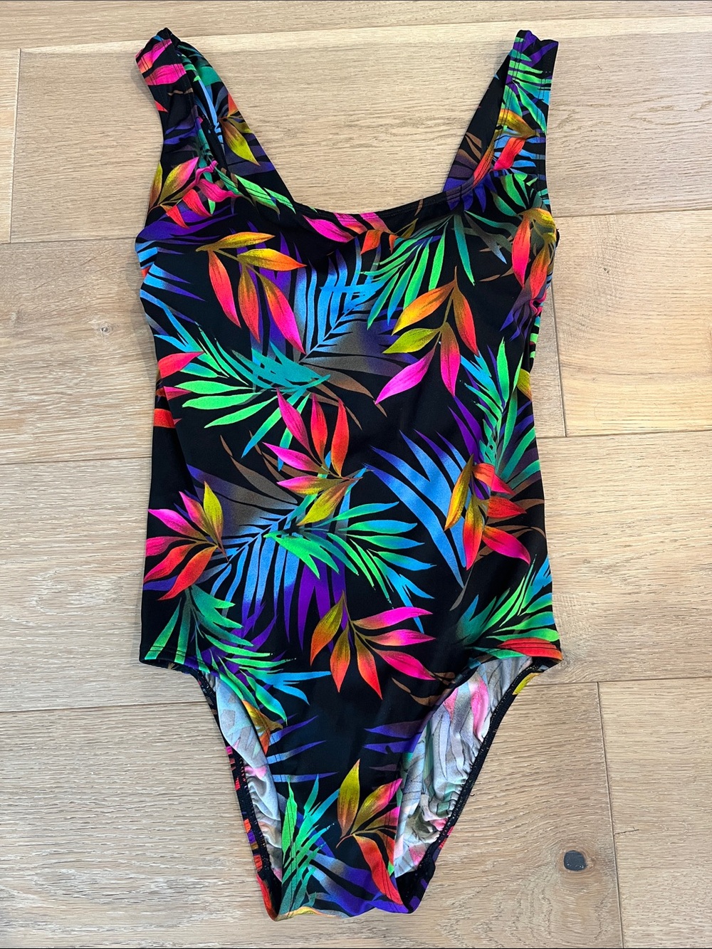 Longitude women’s One-Piece Swimsuit - Black with Neon Tropical Leaves